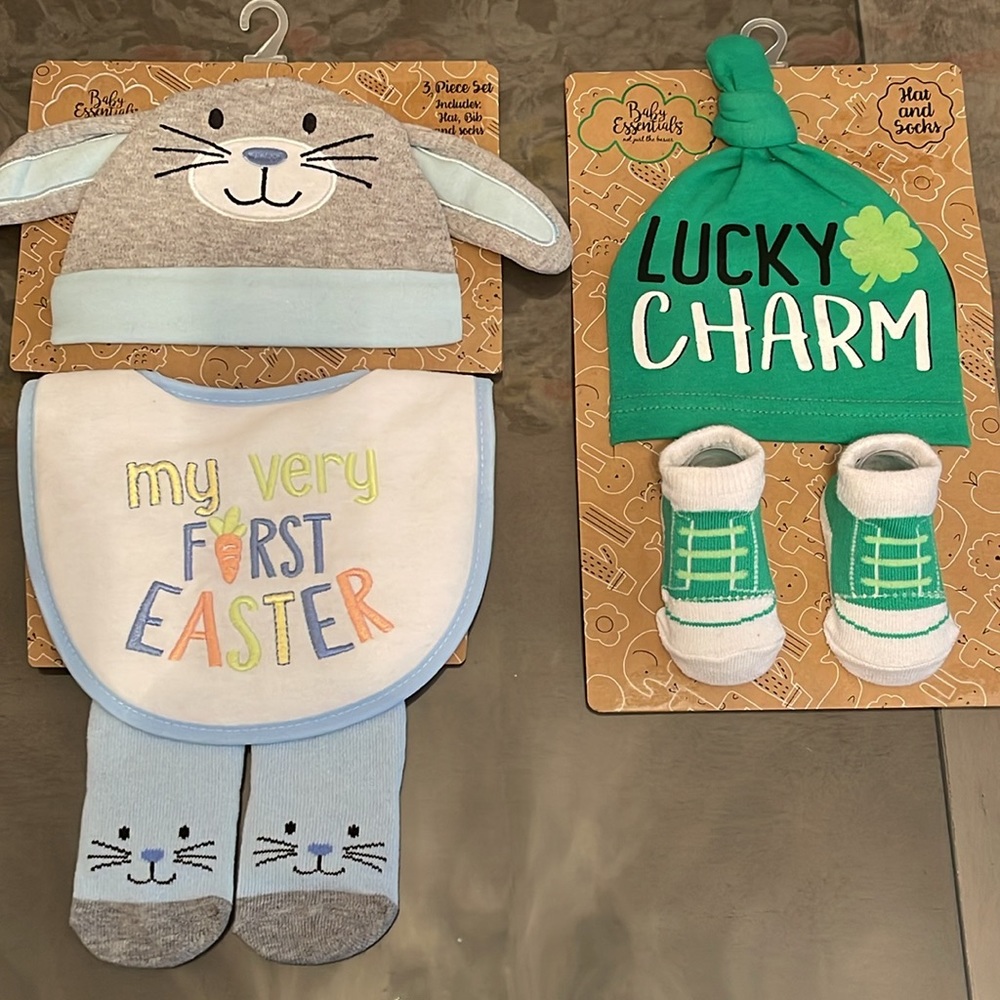 NWT Baby Essentials St. Patrick’s and Easter Hat and Booties Set